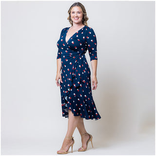Flirty Flounce Wrap Dress in Navy Dot Duo