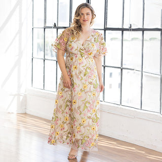 Embroidered Elegance Evening Gown in Sunkissed Garden Print