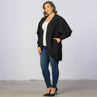 Open Front Faux Fur Cardigan with Pockets in Black