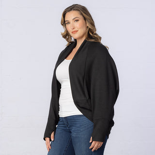 Dolman-Sleeved Shawl Cardigan with Thumbholes in Black