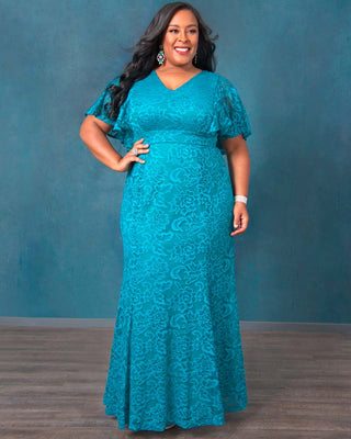 Duchess Lace Evening Gown  in Teal Topaz