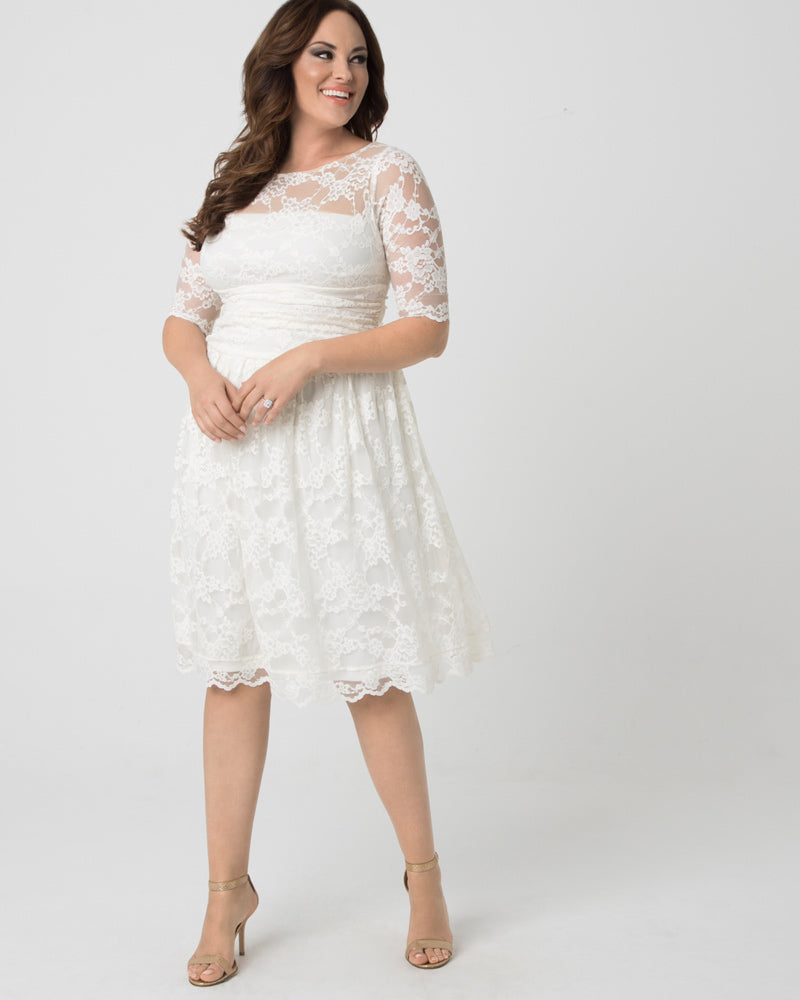 Plus Size Short Lace Wedding Dress Midi Lace Dress with Sleeves
