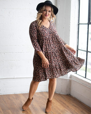 Issy Tiered Tunic Dress  in Black Floral Print