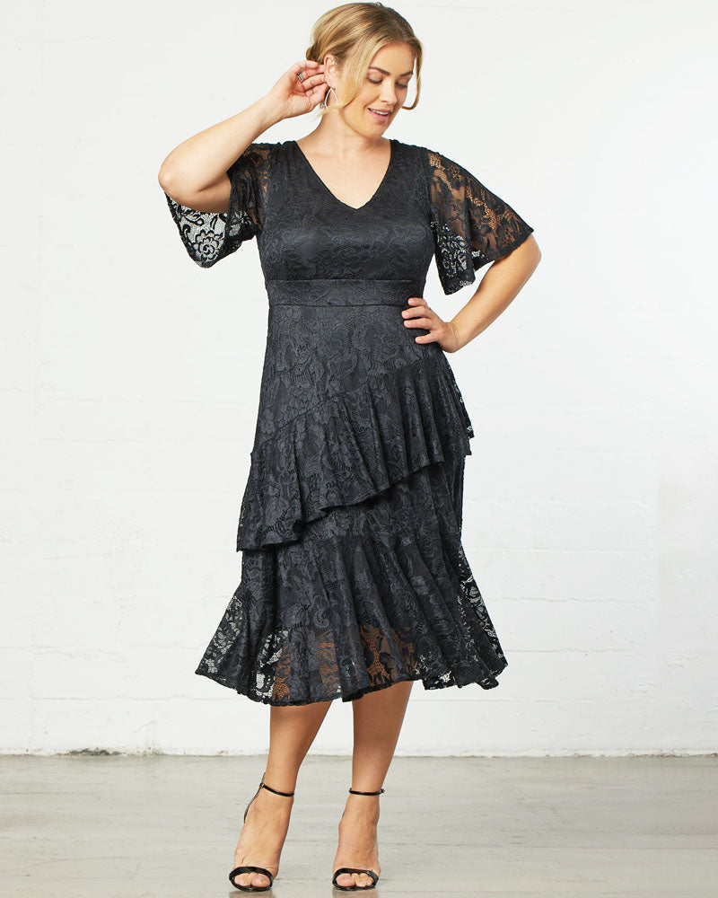 Kiyonna Plus Size Lace Affair Tiered Cocktail Dress - Black - 5X Kiyonna Plus Size Lace Affair Tiered Cocktail Dress - Black - 5X