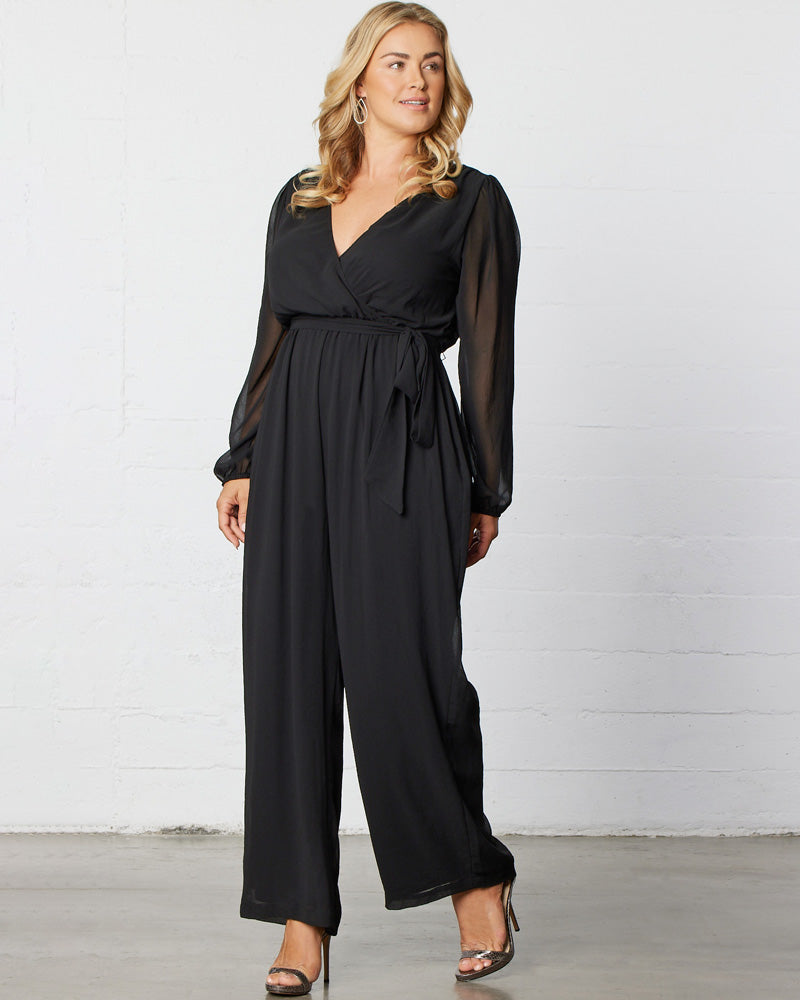 Womens Dresses | Forever Unique Black Chiffon Pleated Tiered Jumpsuit ~  Veronika Yoga