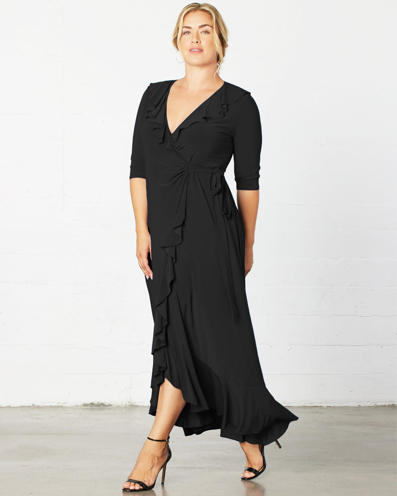 Kiyonna Plus Size Maritime Ruffle Maxi Dress with Sleeves