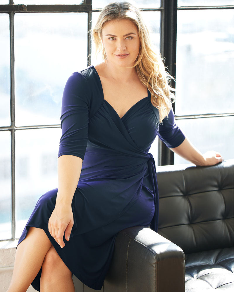 Kiyonna Women's Plus Size Sweetheart Knit Wrap Dress with 3/4 Sleeves, Navy Blue, 0X Kiyonna Women's Plus Size Sweetheart Knit Wrap Dress with 3/4 Sleeves, Navy Blue, 0X