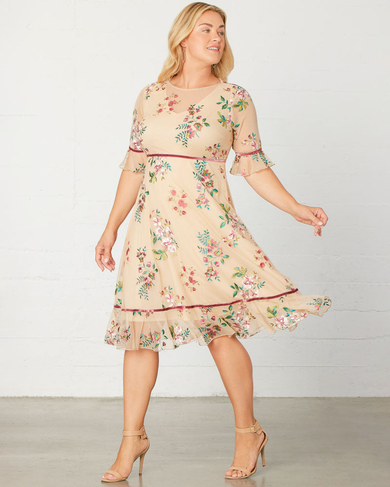 Kiyonna Plus Size Wildflower Embroidered Floral Mesh Dress - Blush Kiyonna Plus Size Wildflower Embroidered Floral Mesh Dress - Blush