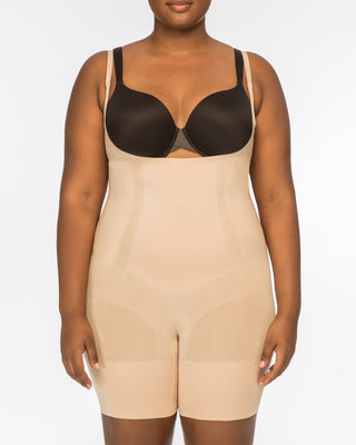 OnCore Open-Bust Mid-Thigh Bodysuit by SPANX in Ivory Lace/Nude Lining