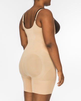 OnCore Open-Bust Mid-Thigh Bodysuit by SPANX in Ivory Lace/Nude Lining