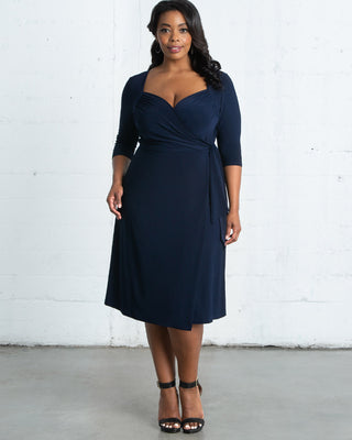 Sweetheart Knit Wrap Dress in Navy Blue